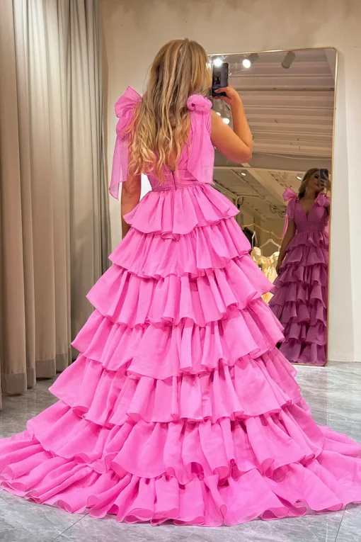 A Line V Neck Hot Pink Long Tiered Prom Dress with Slit