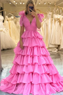 A Line V Neck Hot Pink Long Tiered Prom Dress with Slit