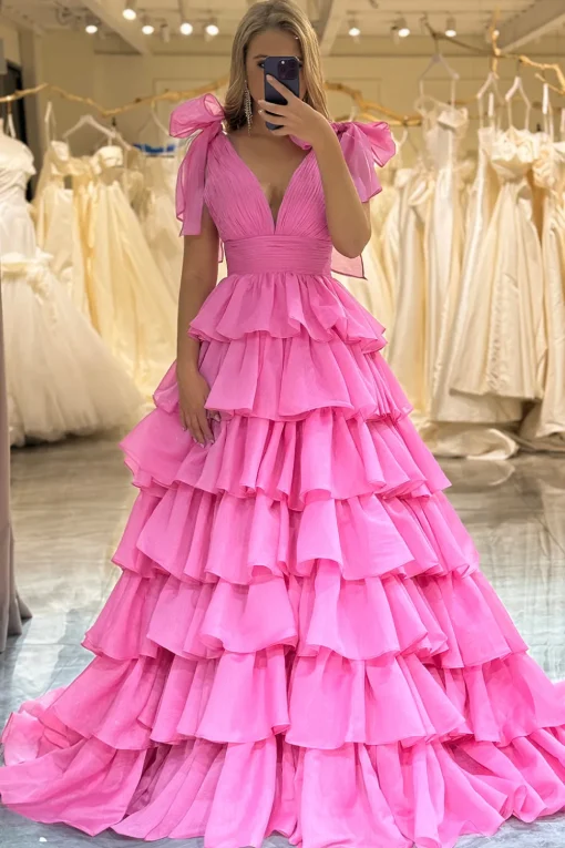 A Line V Neck Hot Pink Long Tiered Prom Dress with Slit