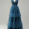 A Line V-Neck Blue Long Prom Dress With Open Back