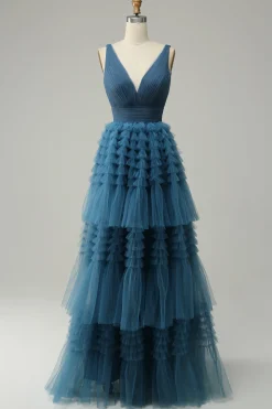 A Line V-Neck Blue Long Prom Dress With Open Back