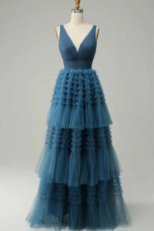 A Line V-Neck Blue Long Prom Dress With Open Back