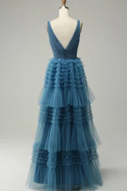A Line V-Neck Blue Long Prom Dress With Open Back