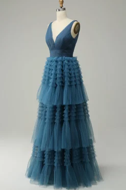 A Line V-Neck Blue Long Prom Dress With Open Back