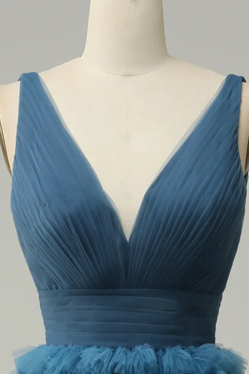 A Line V-Neck Blue Long Prom Dress With Open Back
