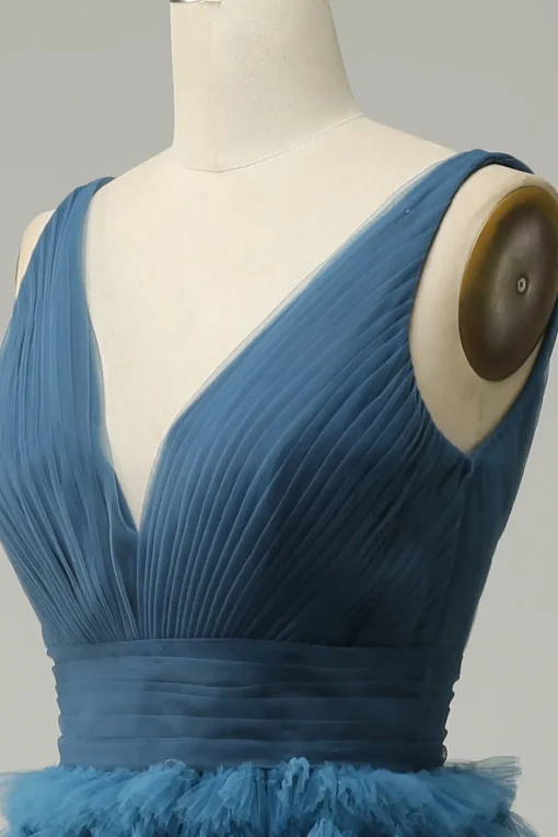 A Line V-Neck Blue Long Prom Dress With Open Back