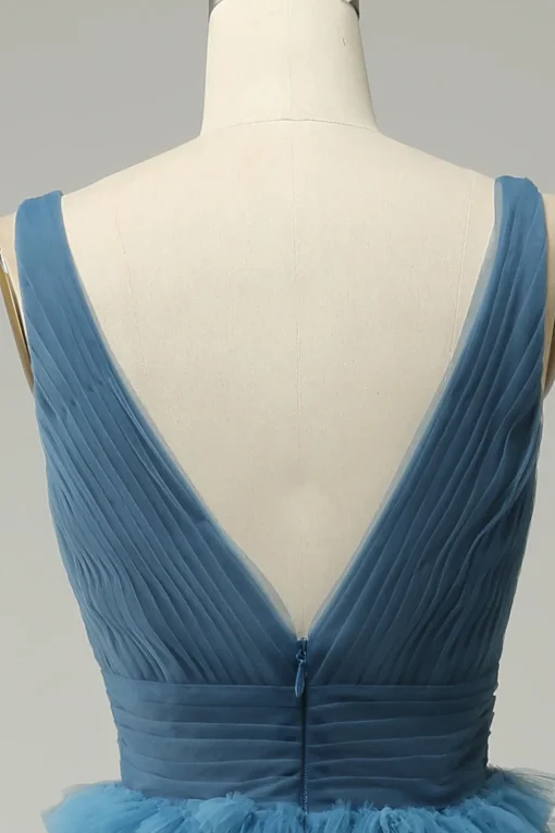 A Line V-Neck Blue Long Prom Dress With Open Back