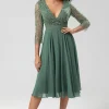 A Line V-Neck Eucalyptus Bridesmaid Dress with Long Sleeves