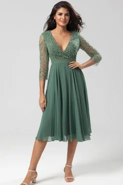 A Line V-Neck Eucalyptus Bridesmaid Dress with Long Sleeves