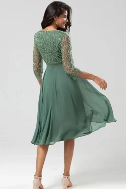 A Line V-Neck Eucalyptus Bridesmaid Dress with Long Sleeves
