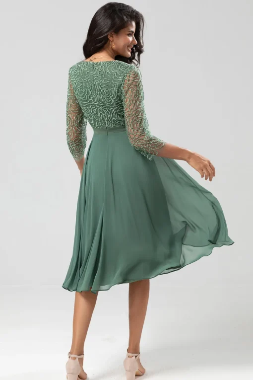 A Line V-Neck Eucalyptus Bridesmaid Dress with Long Sleeves