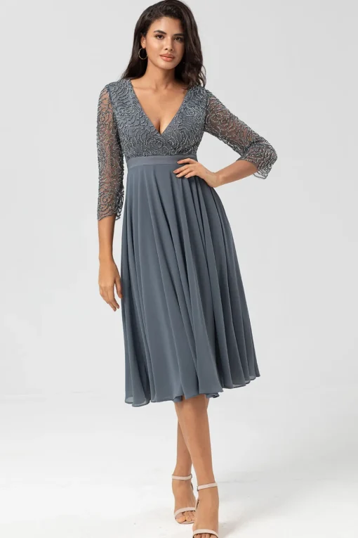 A Line V-Neck Eucalyptus Bridesmaid Dress with Long Sleeves