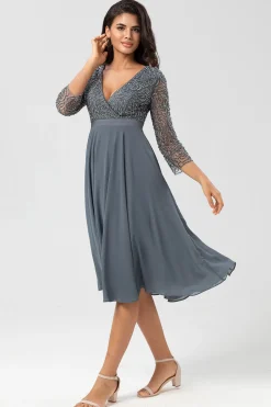 A Line V-Neck Eucalyptus Bridesmaid Dress with Long Sleeves
