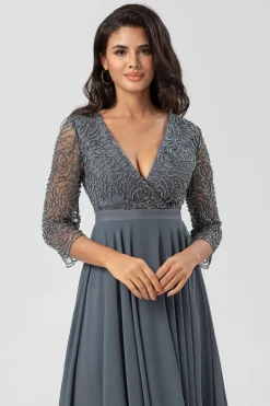A Line V-Neck Eucalyptus Bridesmaid Dress with Long Sleeves
