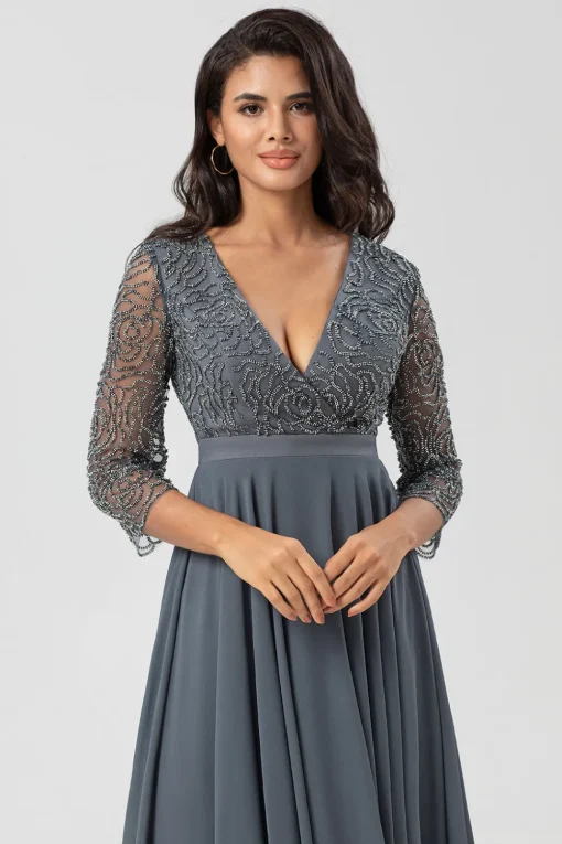 A Line V-Neck Eucalyptus Bridesmaid Dress with Long Sleeves