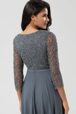 A Line V-Neck Eucalyptus Bridesmaid Dress with Long Sleeves