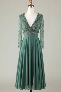 A Line V-Neck Eucalyptus Bridesmaid Dress with Long Sleeves