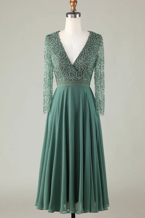 A Line V-Neck Eucalyptus Bridesmaid Dress with Long Sleeves