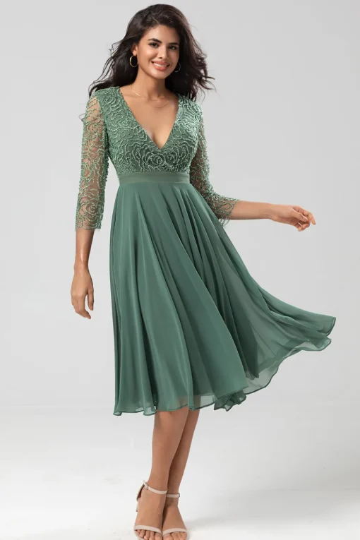 A Line V-Neck Eucalyptus Bridesmaid Dress with Long Sleeves