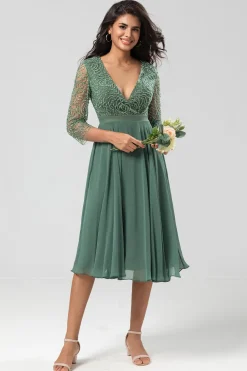 A Line V-Neck Eucalyptus Bridesmaid Dress with Long Sleeves
