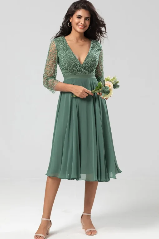A Line V-Neck Eucalyptus Bridesmaid Dress with Long Sleeves