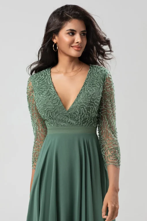 A Line V-Neck Eucalyptus Bridesmaid Dress with Long Sleeves