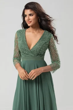 A Line V-Neck Eucalyptus Bridesmaid Dress with Long Sleeves