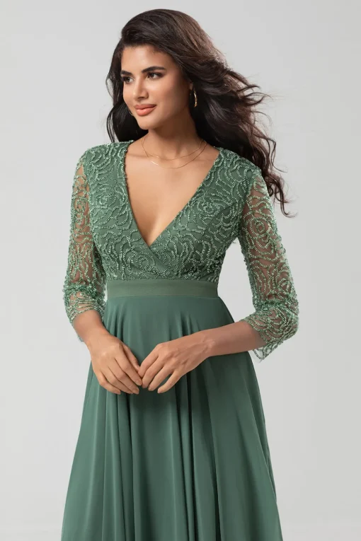 A Line V-Neck Eucalyptus Bridesmaid Dress with Long Sleeves