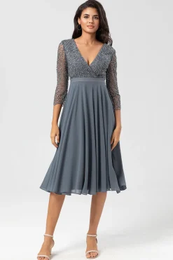 A Line V-Neck Eucalyptus Bridesmaid Dress with Long Sleeves