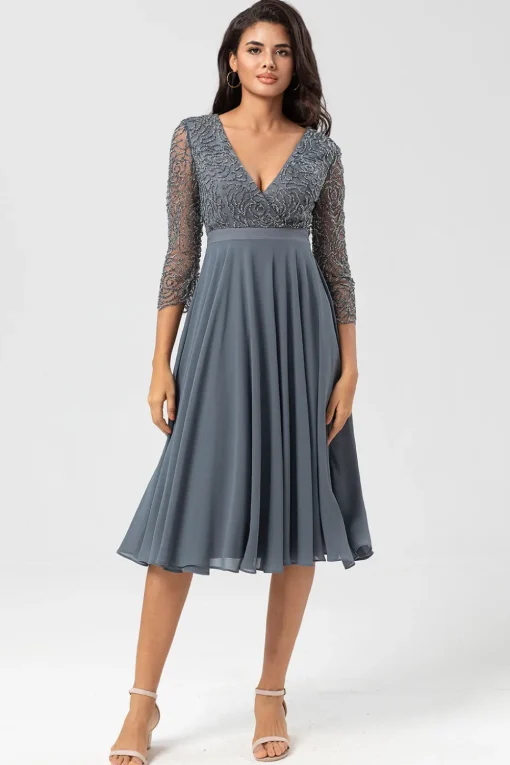 A Line V-Neck Eucalyptus Bridesmaid Dress with Long Sleeves