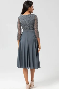 A Line V-Neck Eucalyptus Bridesmaid Dress with Long Sleeves