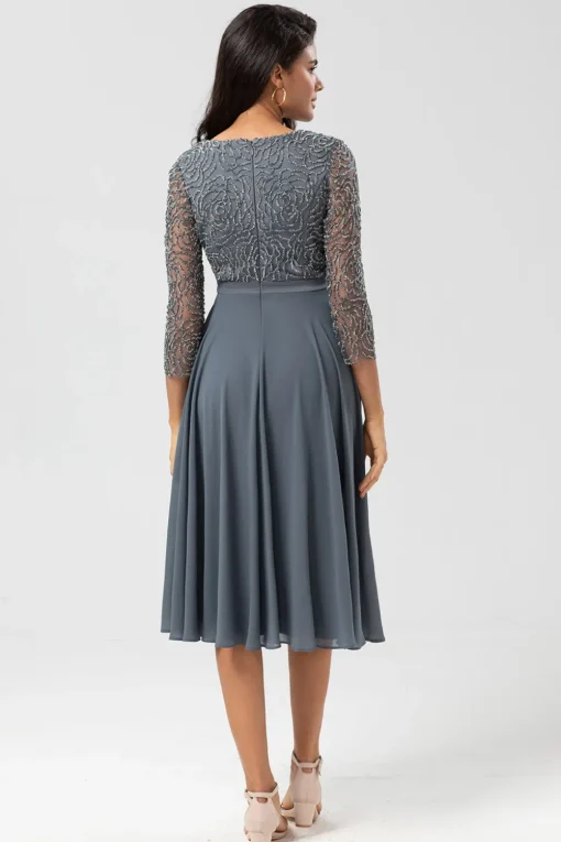 A Line V-Neck Eucalyptus Bridesmaid Dress with Long Sleeves