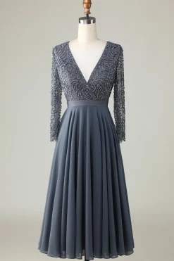 A Line V-Neck Eucalyptus Bridesmaid Dress with Long Sleeves