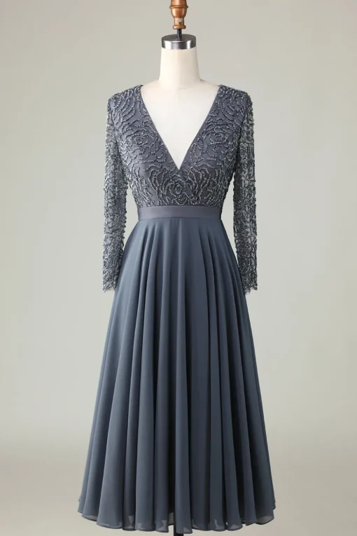 A Line V-Neck Eucalyptus Bridesmaid Dress with Long Sleeves