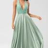A Line V-Neck Matcha Long Bridesmaid Dress with Beading