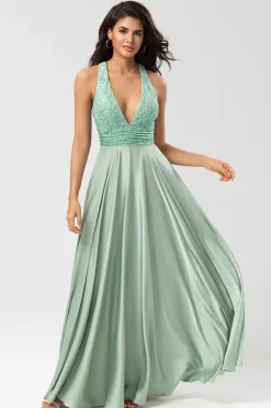 A Line V-Neck Matcha Long Bridesmaid Dress with Beading