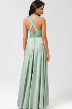 A Line V-Neck Matcha Long Bridesmaid Dress with Beading