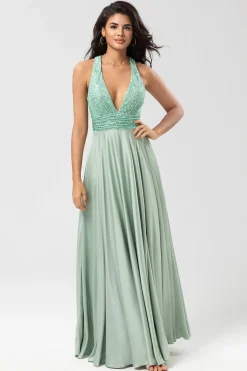 A Line V-Neck Matcha Long Bridesmaid Dress with Beading