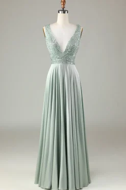 A Line V-Neck Matcha Long Bridesmaid Dress with Beading