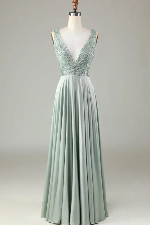 A Line V-Neck Matcha Long Bridesmaid Dress with Beading