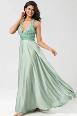 A Line V-Neck Matcha Long Bridesmaid Dress with Beading