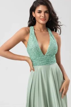 A Line V-Neck Matcha Long Bridesmaid Dress with Beading