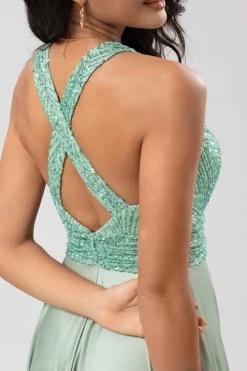 A Line V-Neck Matcha Long Bridesmaid Dress with Beading