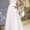 A Line V-Neck Midi White Graduation Dress with Pockets
