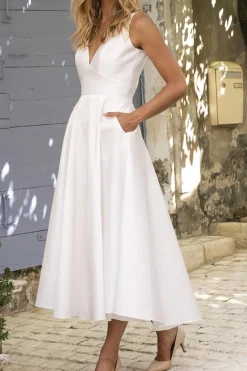 A Line V-Neck Midi White Graduation Dress with Pockets