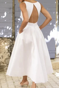 A Line V-Neck Midi White Graduation Dress with Pockets