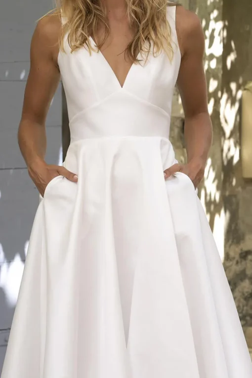 A Line V-Neck Midi White Graduation Dress with Pockets