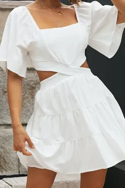 A Line White Graduation Dress with Hollow-out