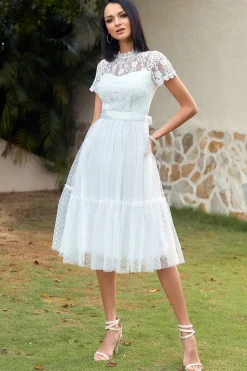 A Line White Lace Wedding Guest Party Dress