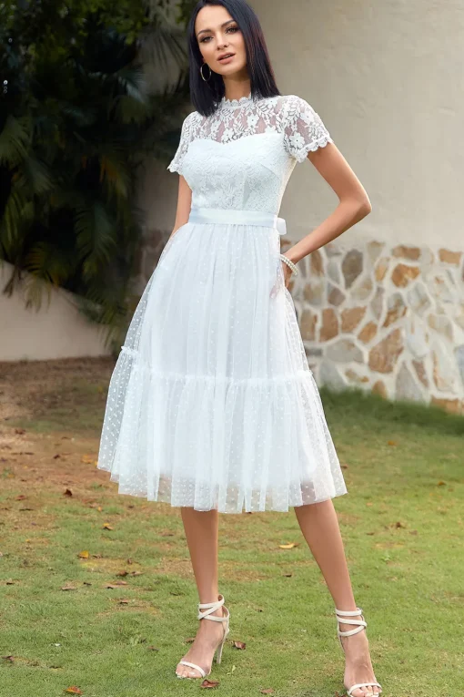 A Line White Lace Wedding Guest Party Dress